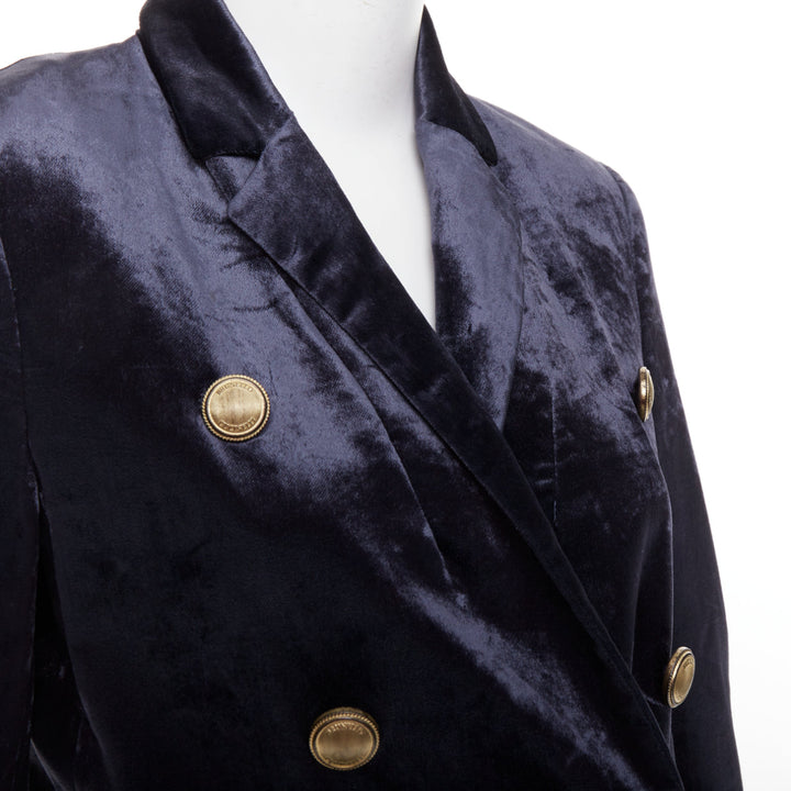 BRUNELLO CUCINELLI navy velvet brass logo buttons double breasted blazer IT40 S