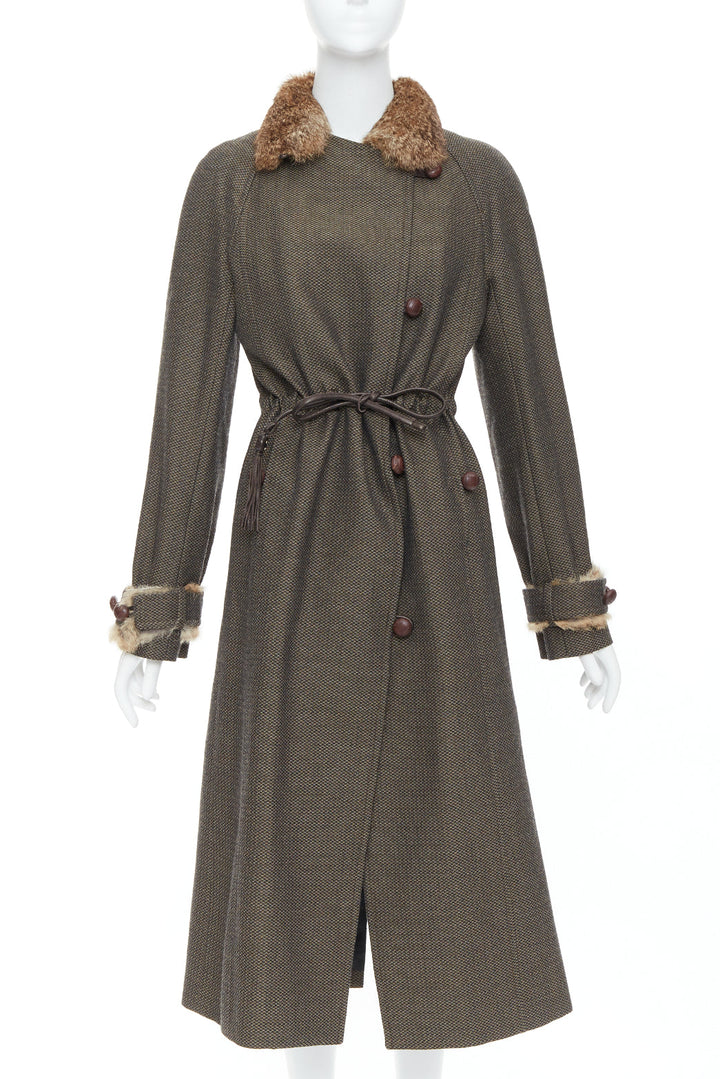 YVES SAINT LAURENT Vintage brown wool tweed fur trim maxi coat FR36 S