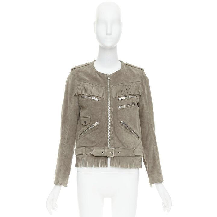 THE KOOPLES taupe cow suede leather western fringe belted biker jacket M