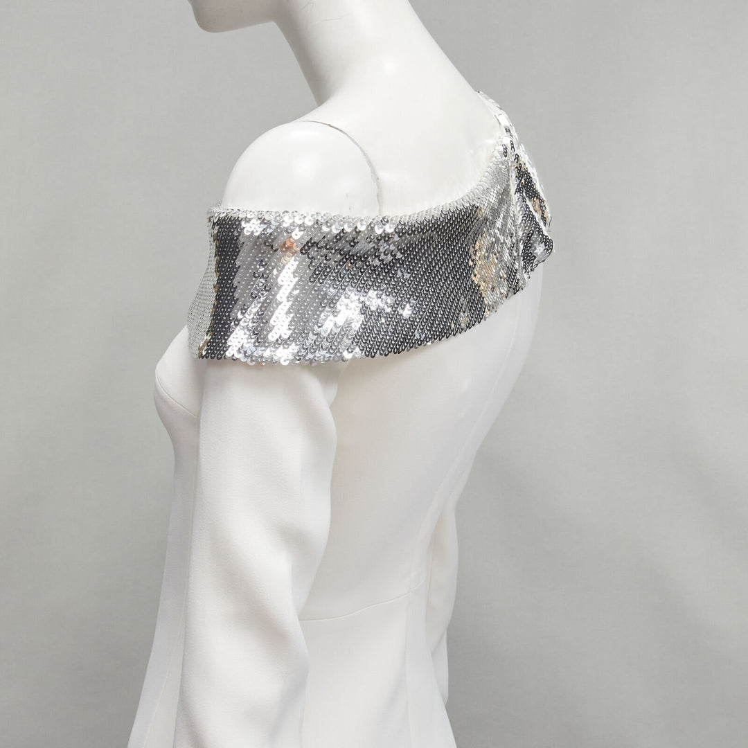 DAVID KOMA 2019 Runway silver sequins off shoulder scalloped hem dress UK6 XS