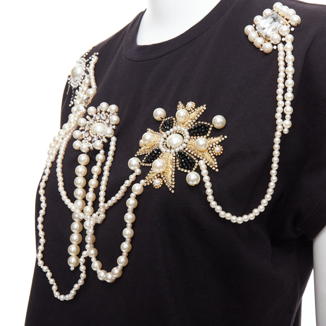 BALMAIN black cotton pearl bead embellished crop tshirt XS