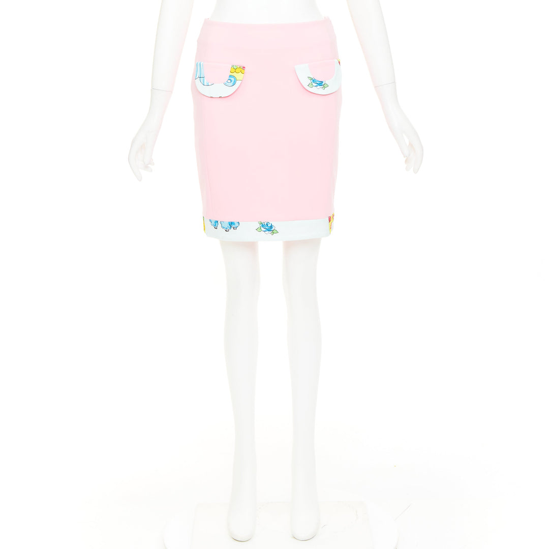 MOSCHINO COUTURE! 2022 Runway Calico Animals pink cream mini skirt IT38 XS