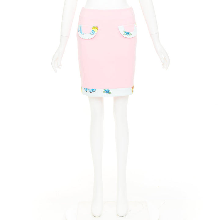 MOSCHINO COUTURE! 2022 Runway Calico Animals pink cream mini skirt IT38 XS