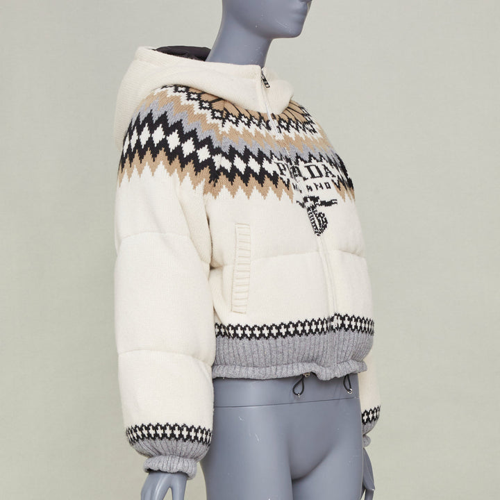PRADA 2021 On Ice Jacquard Intarsia Logo ivory wool blend puffer jacket IT42 M