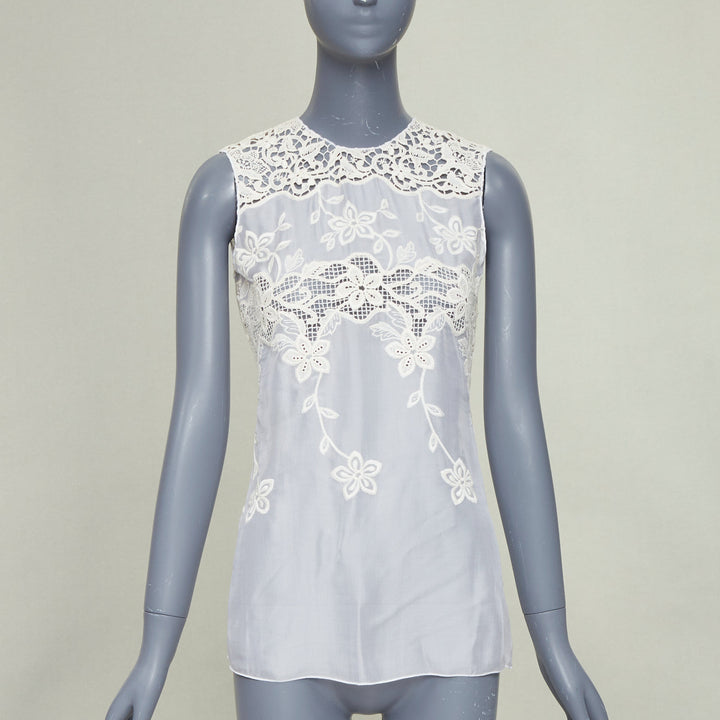 DOLCE GABBANA white beige silk cotton floral embroidered lace crew top IT36 XXS