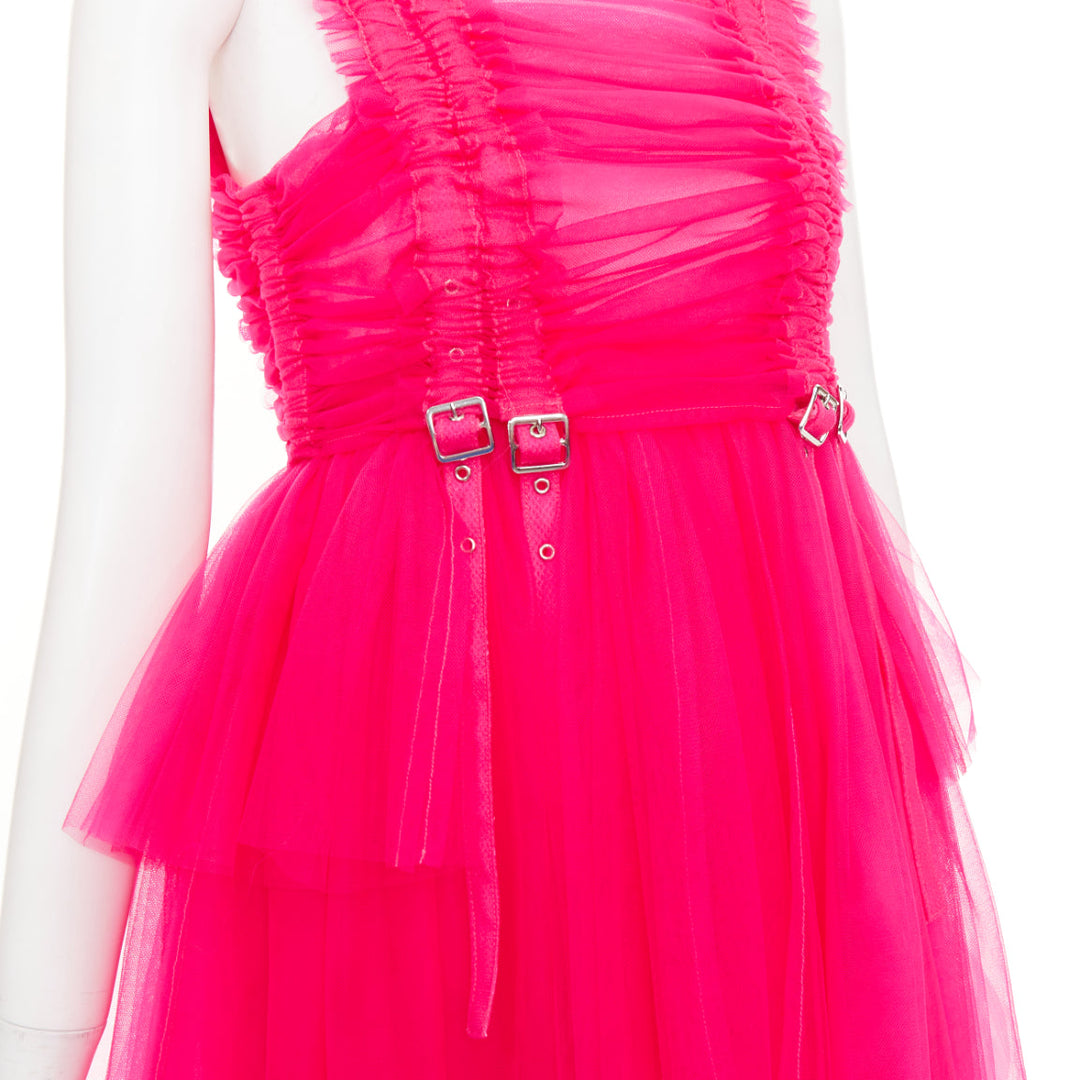 NOIR KEI NINOMIYA 2022 hot pink ruffle ruched front silver buckle dress XS