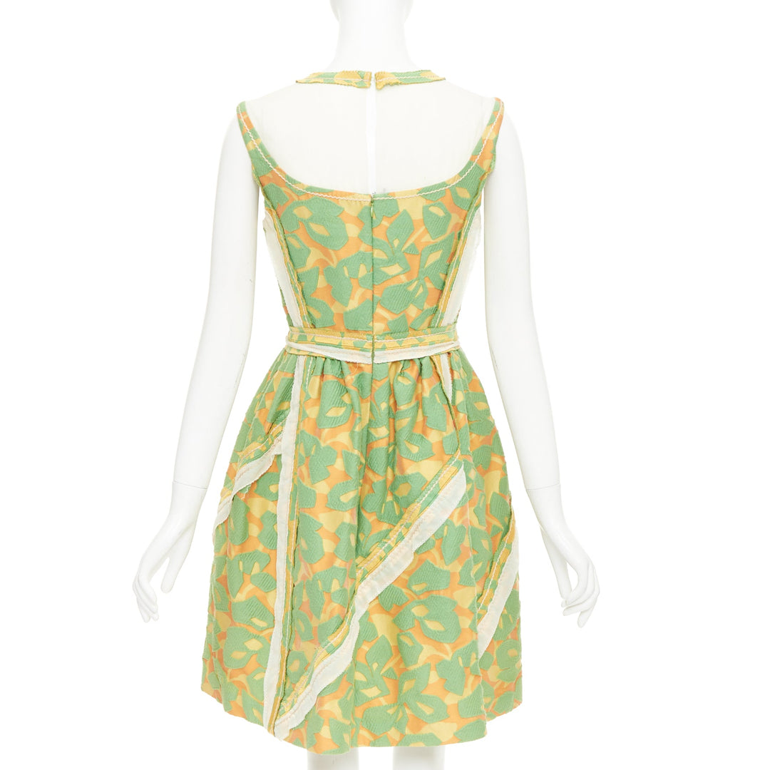 PRADA 2015 Runway green orange raw edge brocade stitch patchwork dress IT40 S