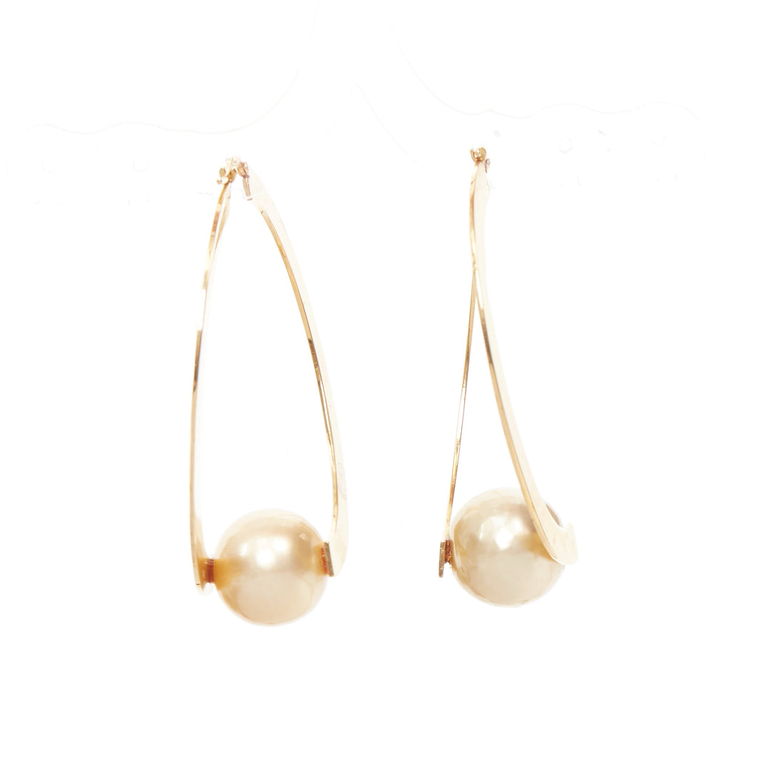 rare OLD CELINE Phoebe Philo Flat Hoop faux pearl brass hoop pin earring Pair