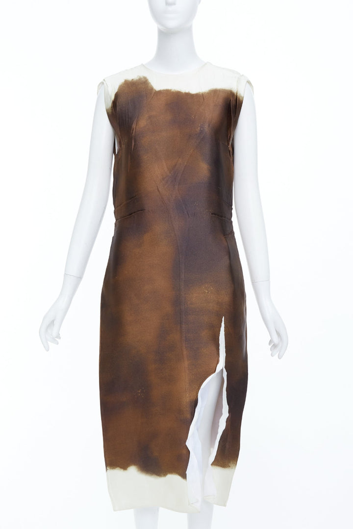 PRADA 2023 Runway brown watercolor print satin creased paper effect dress IT40 S