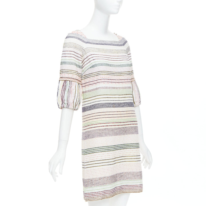 CHANEL 07A Runway white multicolor tweed chain trimmed sleeve dress FR36 S