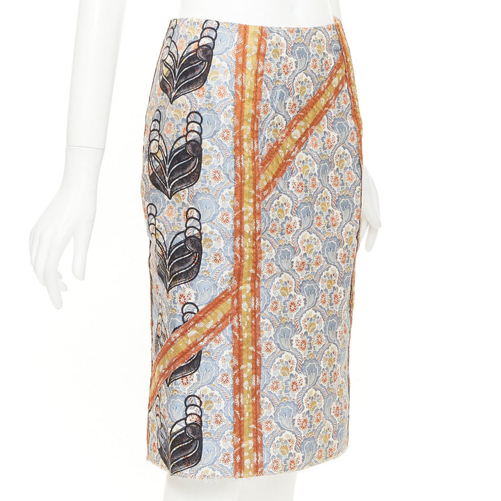 PRADA 2015 paisley oriental border patchwork silk jacquard pencil skirt IT38