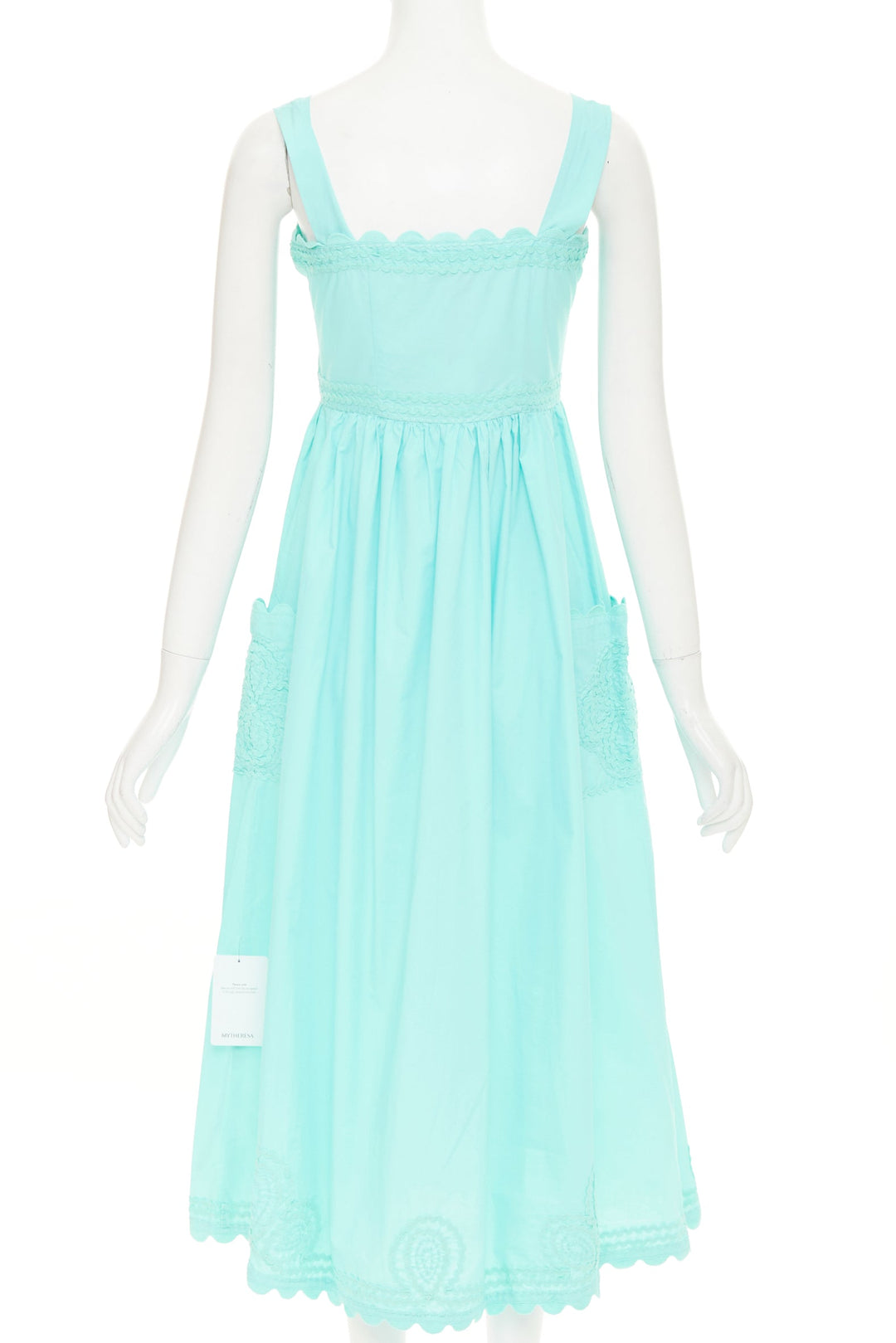 JULIET DUNN squiggle applique neon aqua cotton square neck sundress US1 XS