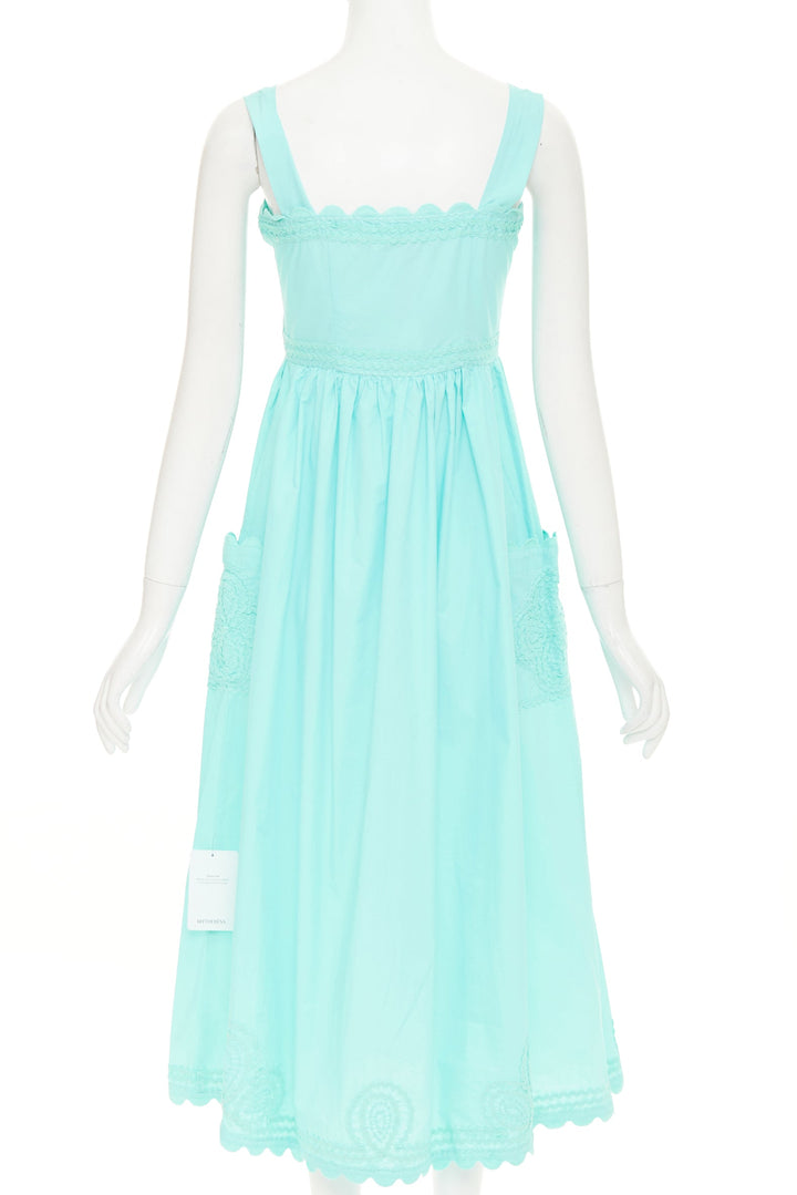 JULIET DUNN squiggle applique neon aqua cotton square neck sundress US1 XS