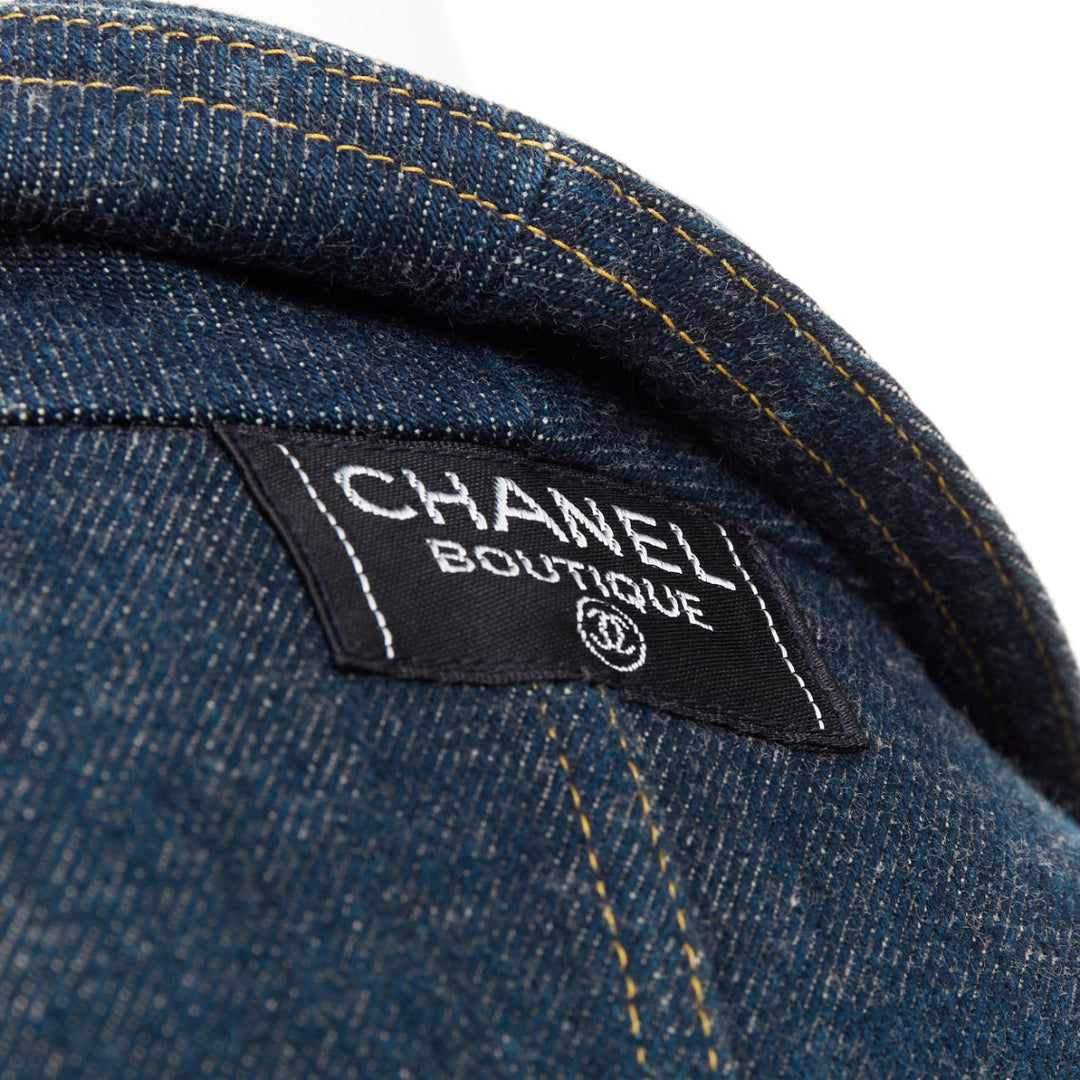 CHANEL 1996 Vintage washed indigo denim logo patch pocket cropped denim jacket