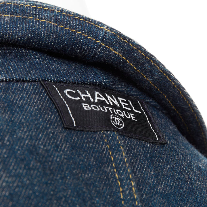 CHANEL 1996 Vintage washed indigo denim logo patch pocket cropped denim jacket