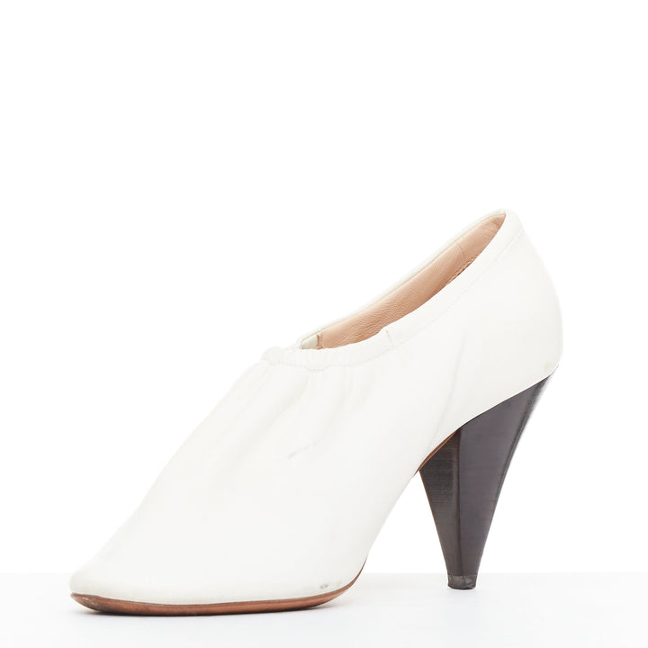 OLD CELINE Throat cream smooth leather ballerina black coned heeled pumps EU35