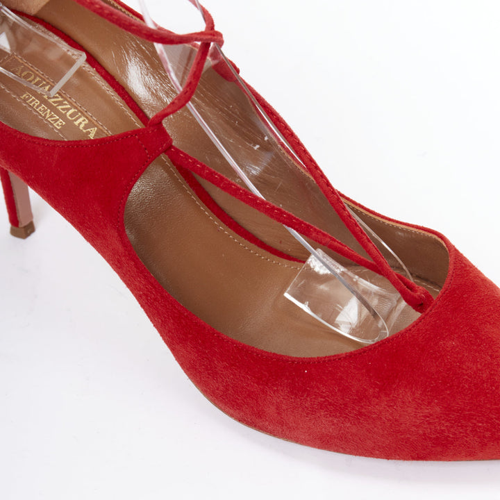 AQUAZZURA Christy 75 red suede leather lace up mid pumps EU39.5