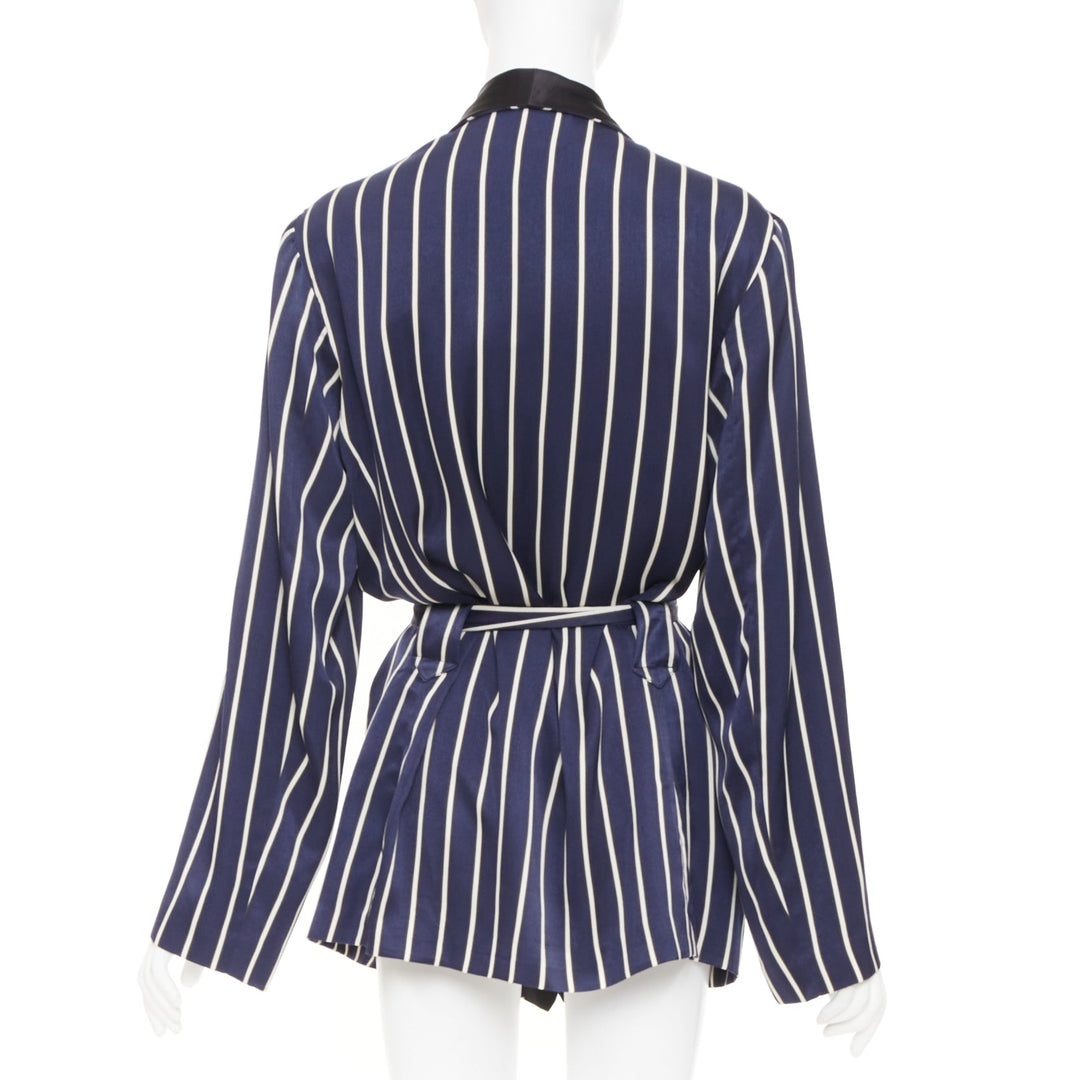 RAEY navy white stripe silk trim belted kimono smoking pajama tux jacket UK8 S