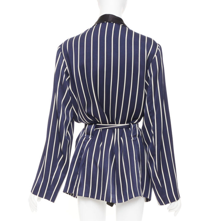 RAEY navy white stripe silk trim belted kimono smoking pajama tux jacket UK8 S