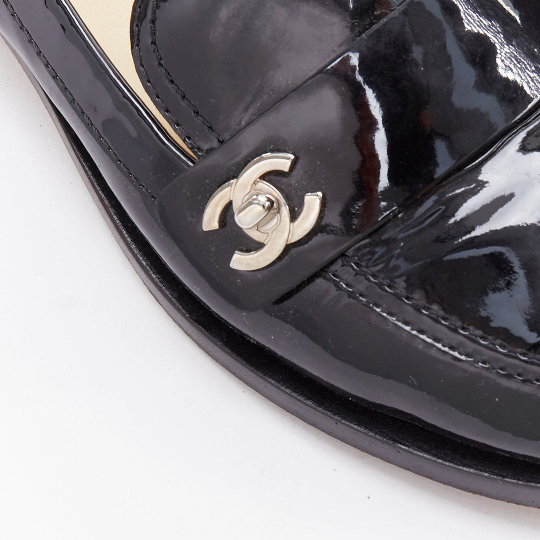 CHANEL black patent leather interlocking CC logo loafers EU36.5