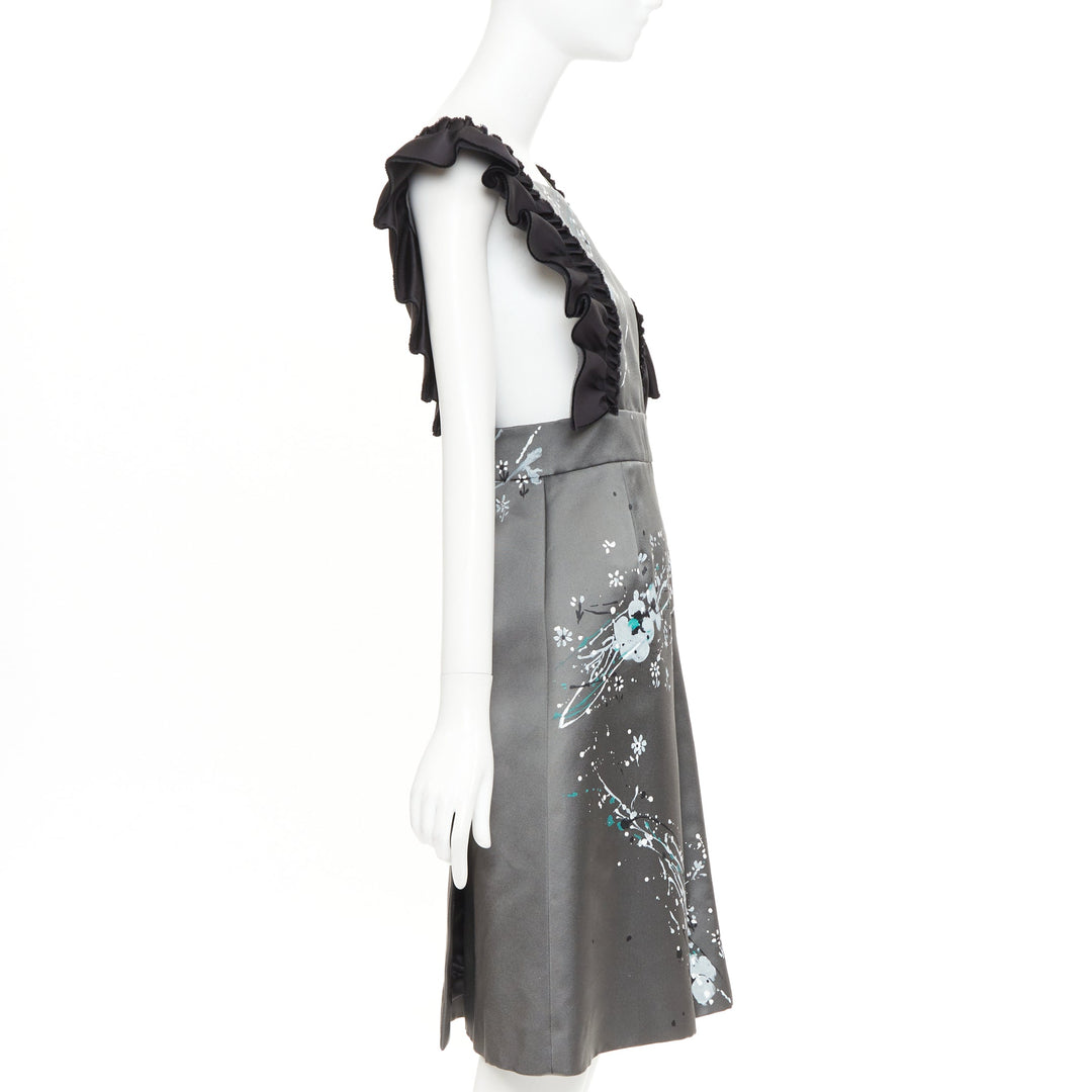 rare MIU MIU 2019 Runway grey black silk ruffle hand painted apron dress IT38 XS