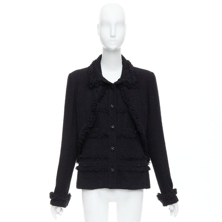 CHANEL 08A Runway black tweed braided tromp loeil layered 4 pocket jacket FR46