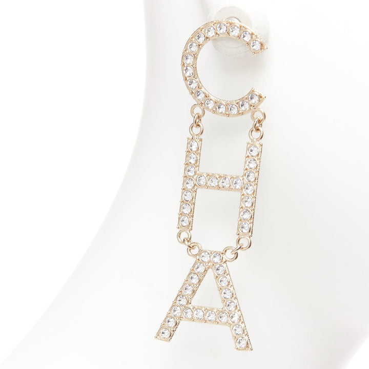 CHANEL B19S crystal CHA-NEL diamantes mismatch letter drop dangling pin earrings