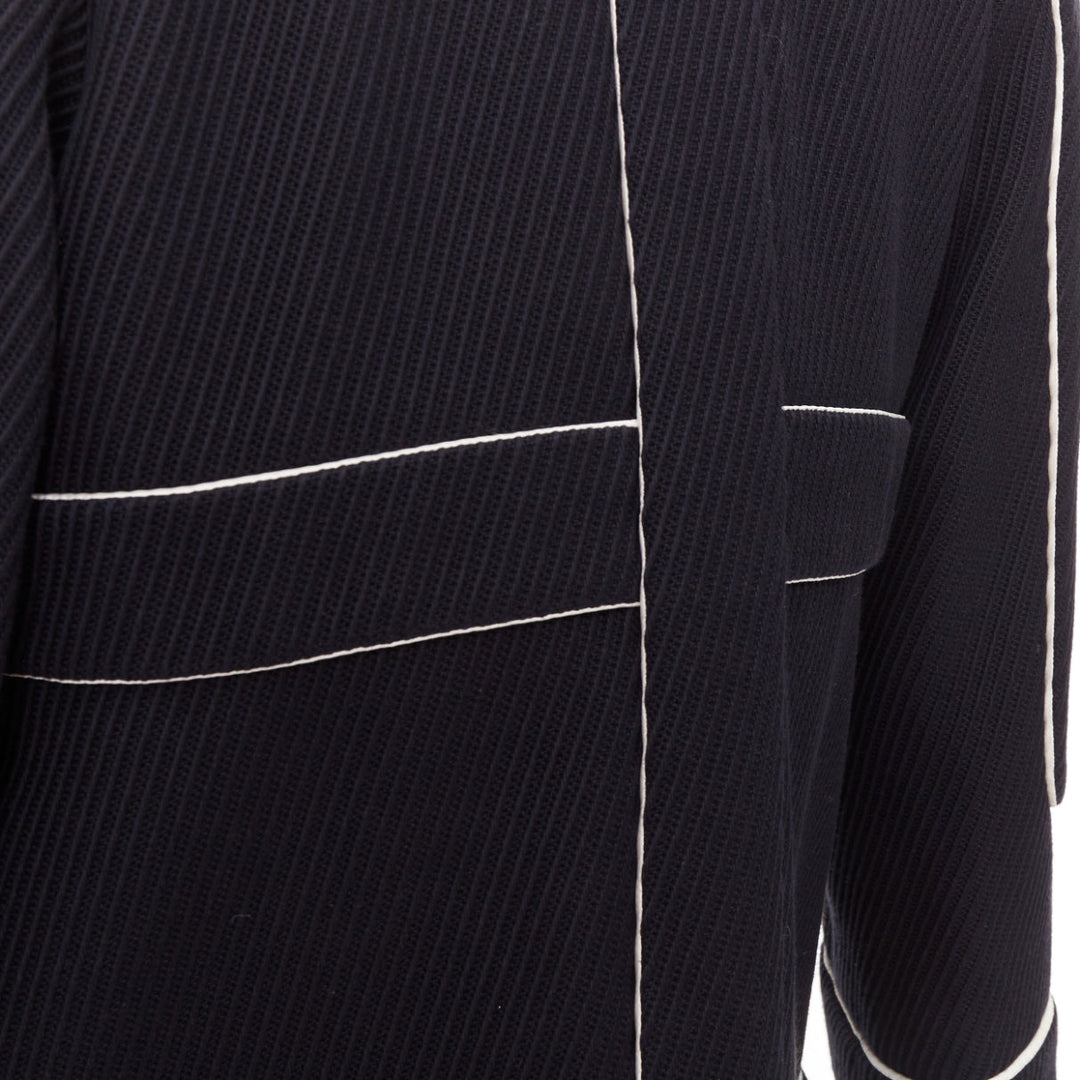 CHANEL 2015 Runway black cotton diagonal corded contrast satin piped coat FR36 S