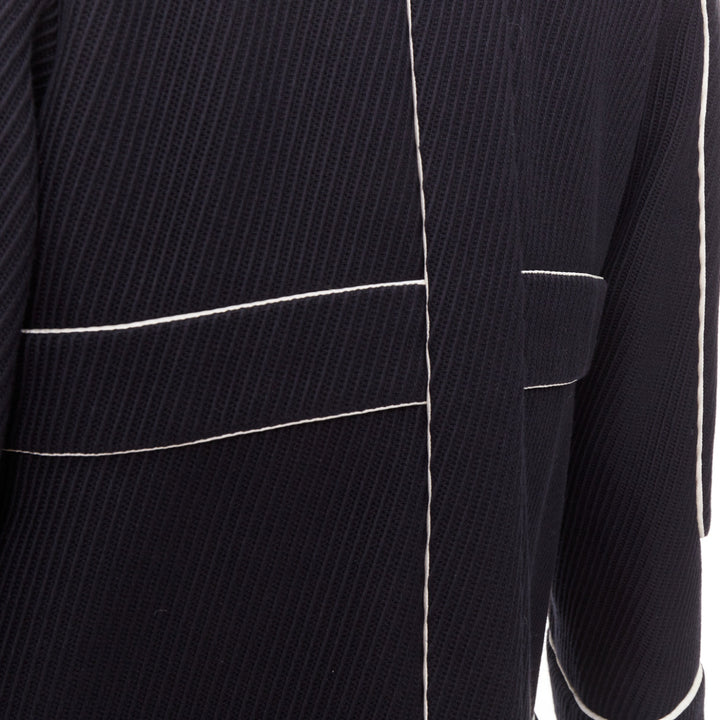 CHANEL 2015 Runway black cotton diagonal corded contrast satin piped coat FR36 S