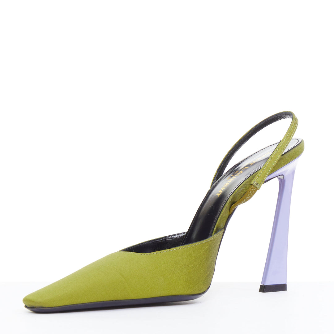 SAINT LAURENT Blade 105 green purple satin slingback pumps EU37