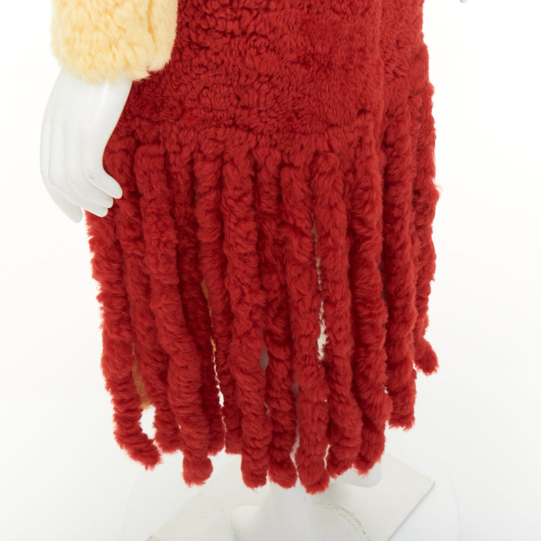 rare BOTTEGA VENETA 2020 Runway yellow red shearling teddy fringe coat IT34 XXS