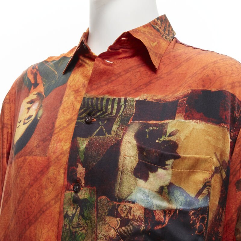 rare YOHJI YAMAMOTO 2004 100% silk Taisho Japanese portrait orange shirt JP2 M