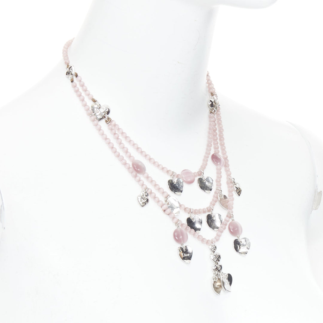 CHRISTIAN DIOR John Galliano Vintage silver pink heart logo tiered necklace