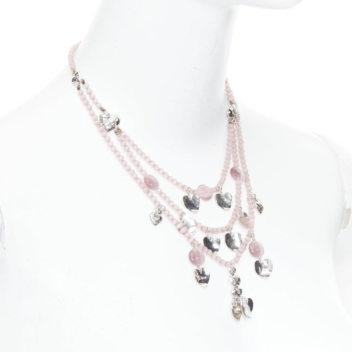 CHRISTIAN DIOR John Galliano Vintage silver pink heart logo tiered necklace
