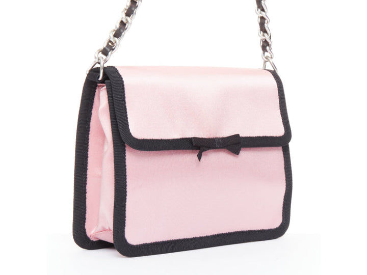 rare PRADA 2003 Vintage baby pink silk satin black grosgrain bow chain bag