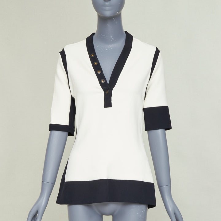 BALENCIAGA 2015 cream black rayon blend colorblock V neck button top FR38 M