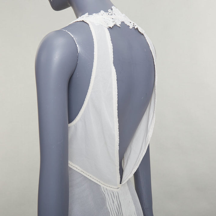LA PERLA cream silk floral lace trim pleated deep V back cut out tank top Sz1 XS