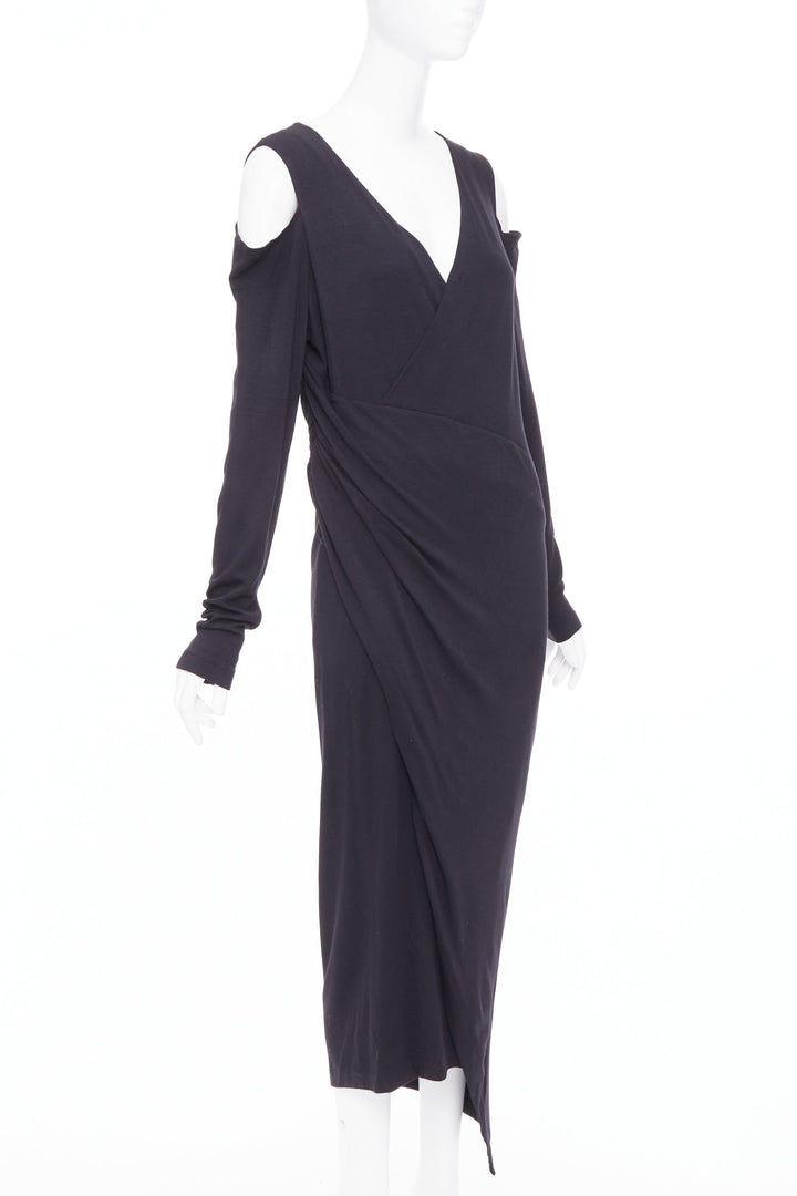 DONNA KARAN black jersey cold shoulder long sleeve side drape dress L