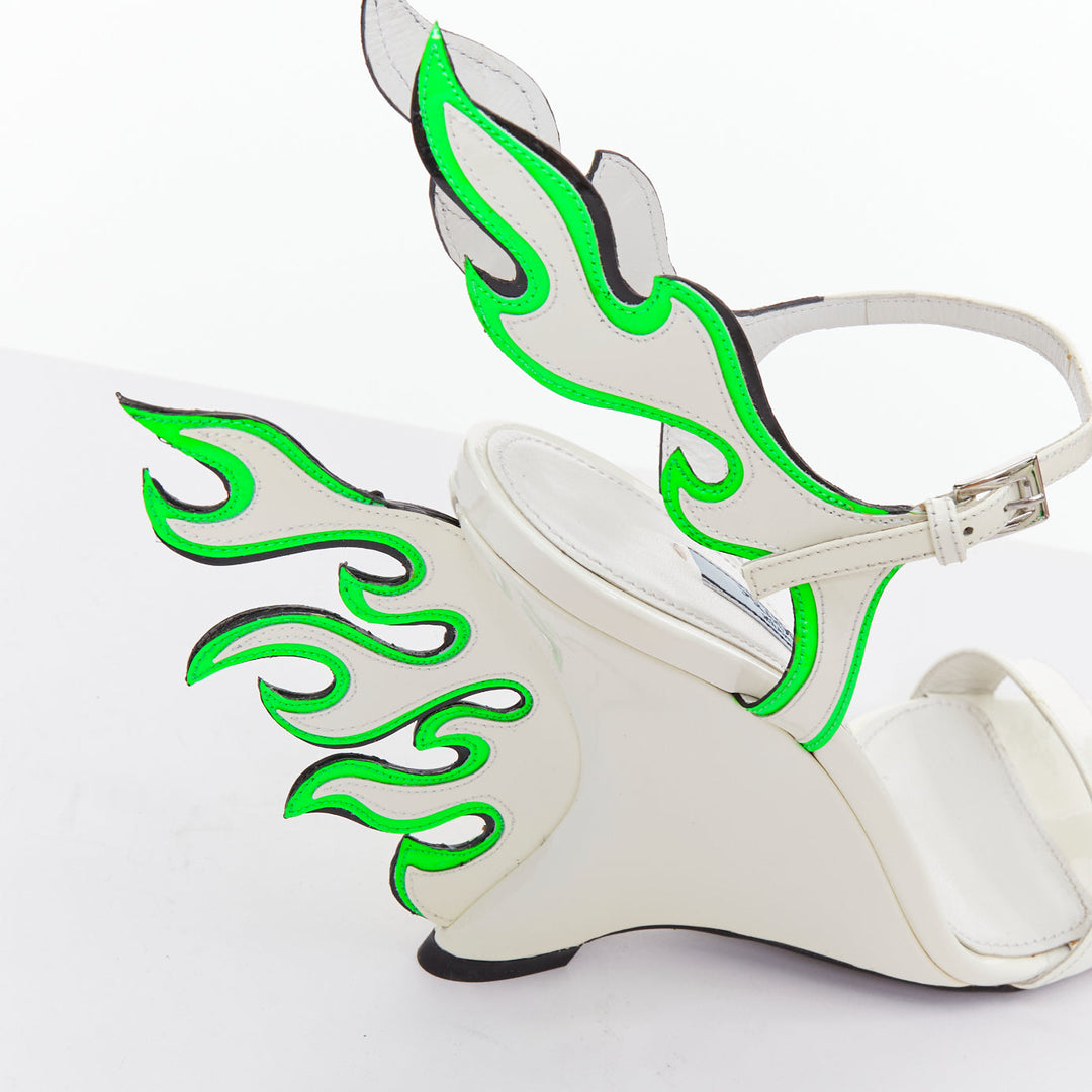 rare PRADA 2018 Flame Wedge white neon green patent Fire heel sandal EU37
