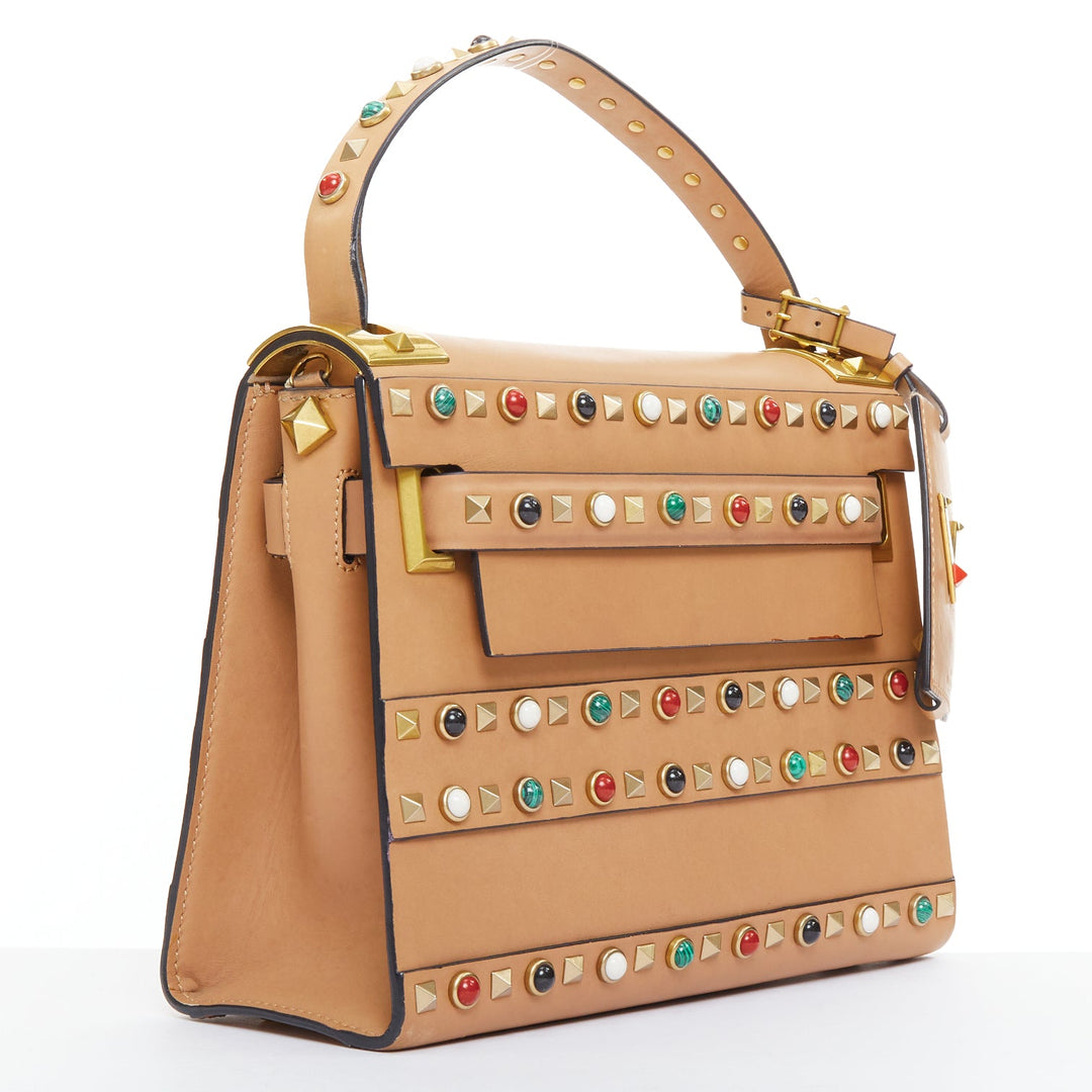 VALENTINO Rockstud Native Couture brown calfskin multi stone stud satchel bag