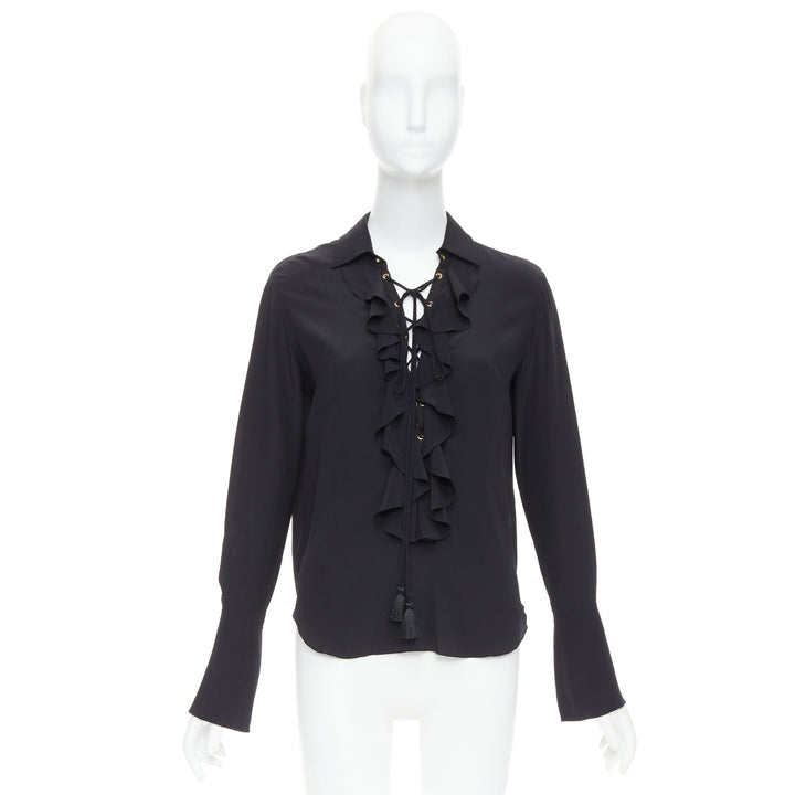 CHLOE 100% silk black ruffle trim lace up bohemian blouse shirt FR36 S