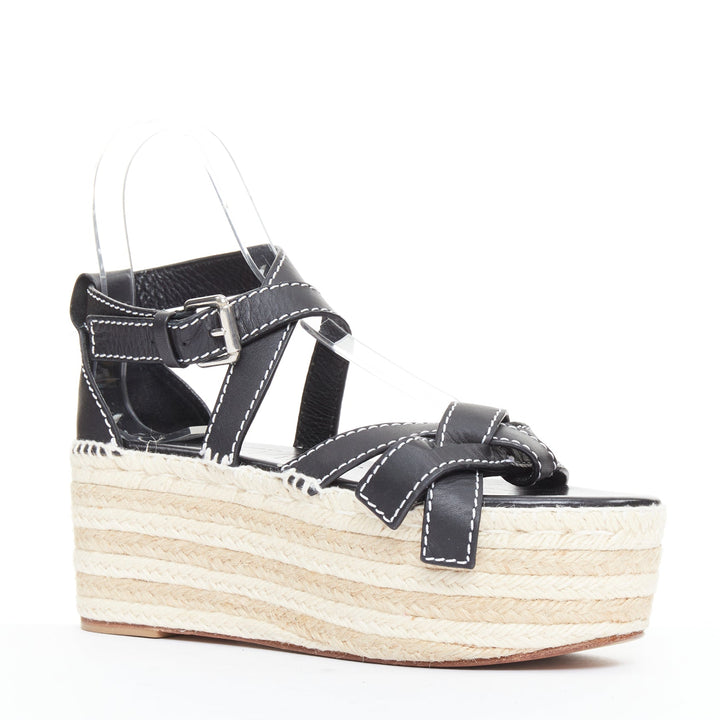 LOEWE Gate black overstitch striped espadrille platform wedge sandal EU40
