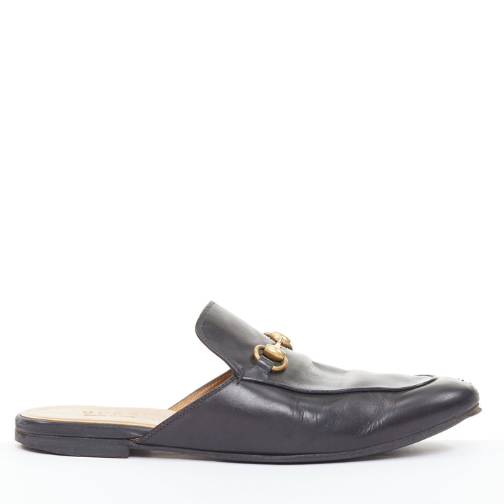 GUCCI Princetown black smooth leather gold horsebit mule loafers UK8 EU42