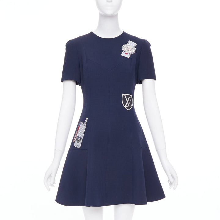 LOUIS VUITTON 2018 navy wool silk electronics embroidered patched dress FR38 M