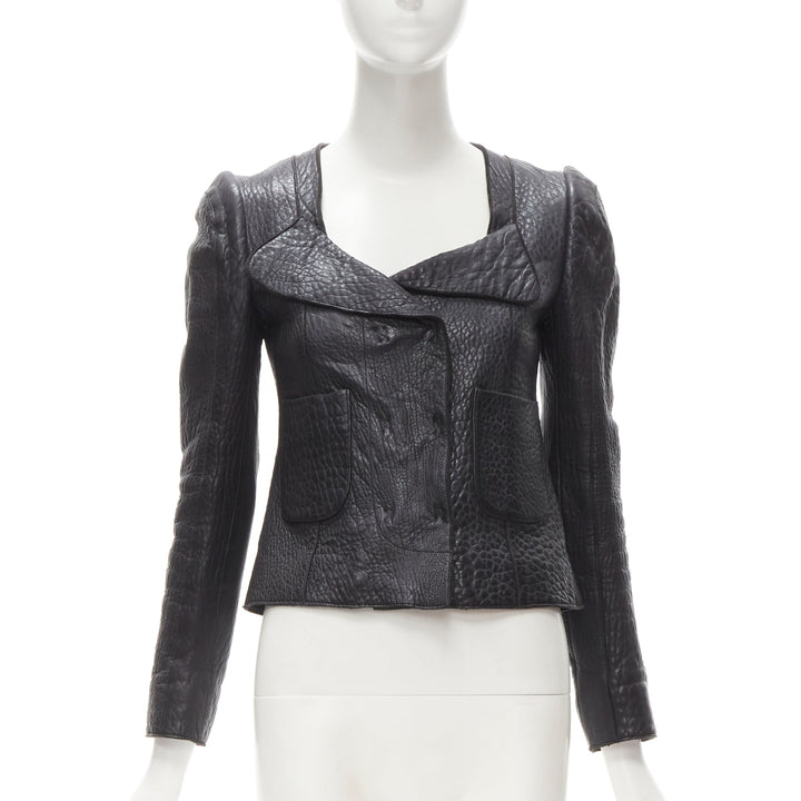 CARVEN black textured leather padded shoulder double breasted blazer IT38 XS