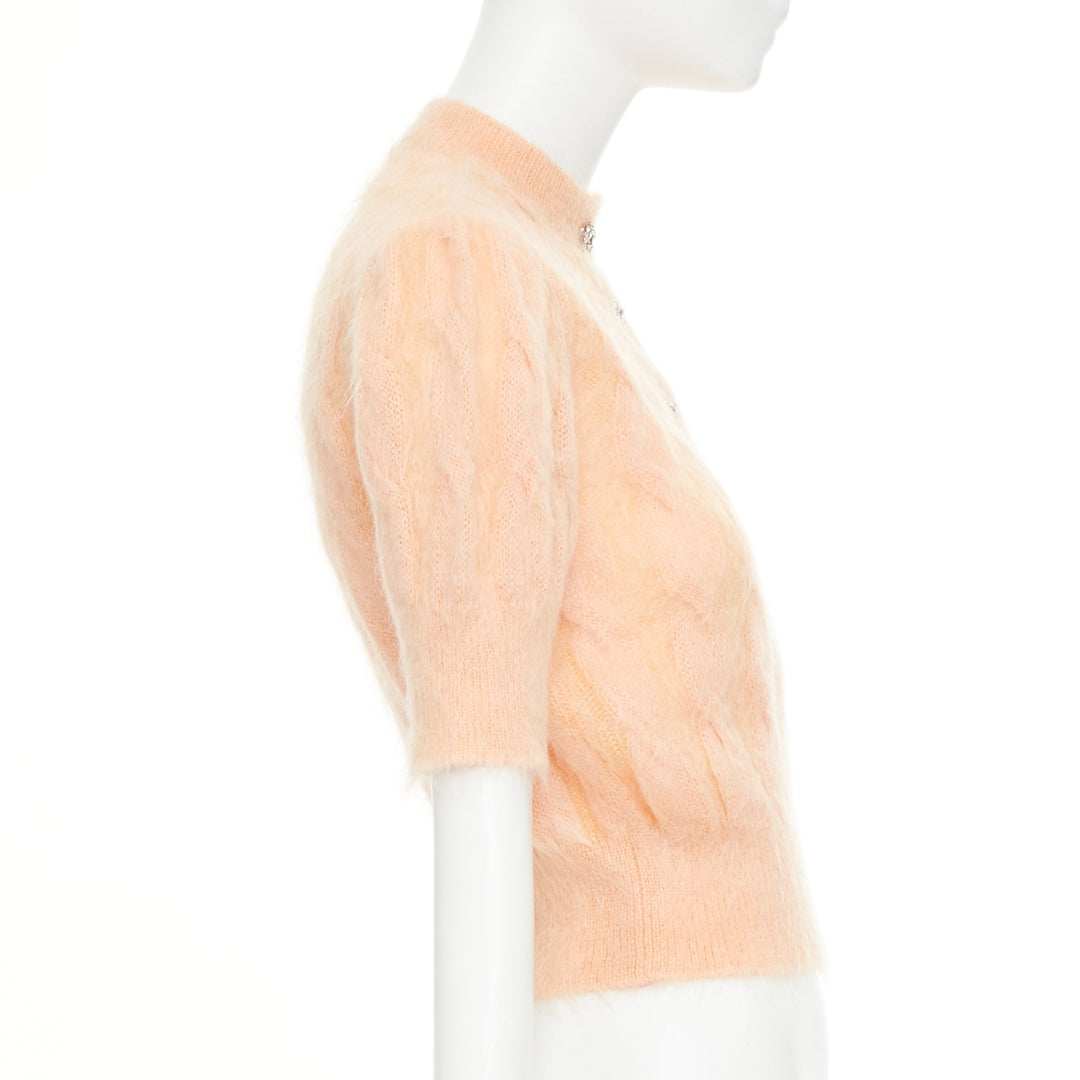 PACO RABANNE coral orange mohair crystal flower puff sleeved cropped pullover S