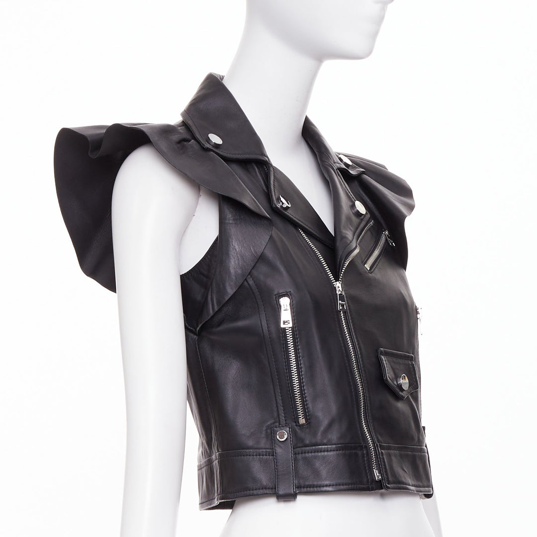 RED VALENTINO 2021  black lambskin leather ruffle biker vest jacket IT38 XS