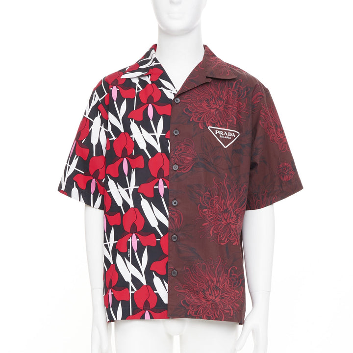 PRADA 2021 Runway Double Match red iris burgundy floral split bowling shirt L