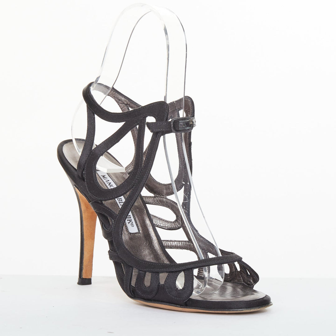MANOLO BLAHNIK black satin abstract loop caged stiletto sandals EU37