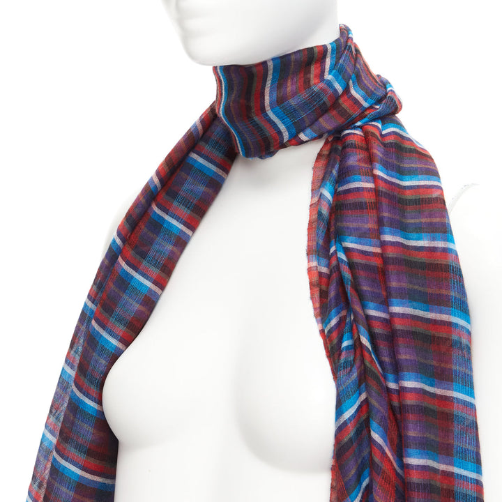 HERMES blue red checkered cashmere silk long wrap rectangular scarf
